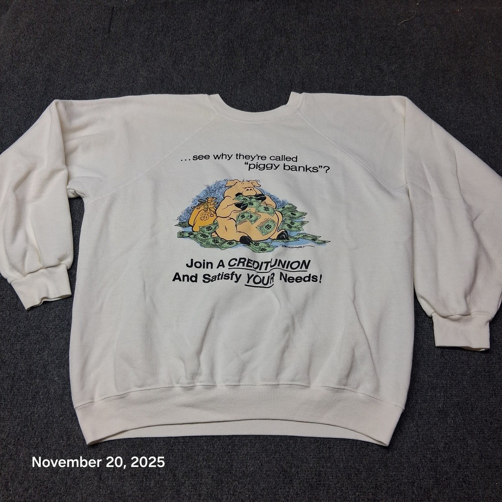 Vintage Bogart Grapic Sweatshirt Fat Piggy Bank Credit Union Size Large HANES